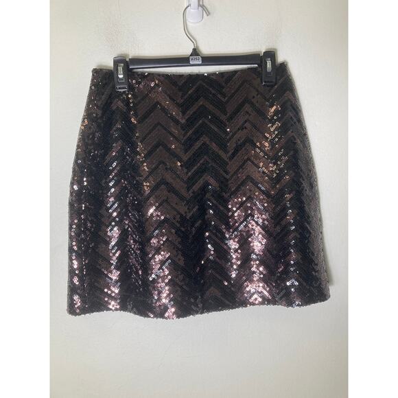Trina Turk Dark Brown Heringbone Senquin Mini Skirt Sz 8 (30" W) - Picture 1 of 2